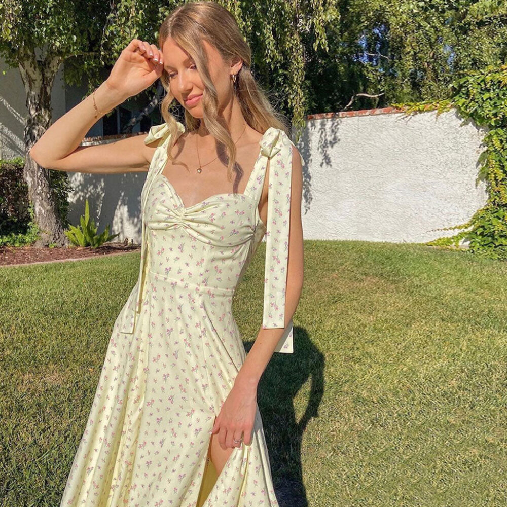 Adorable Daisy Printed High Slit Classic A-Line Slip Midi Sundress - White - Image 3